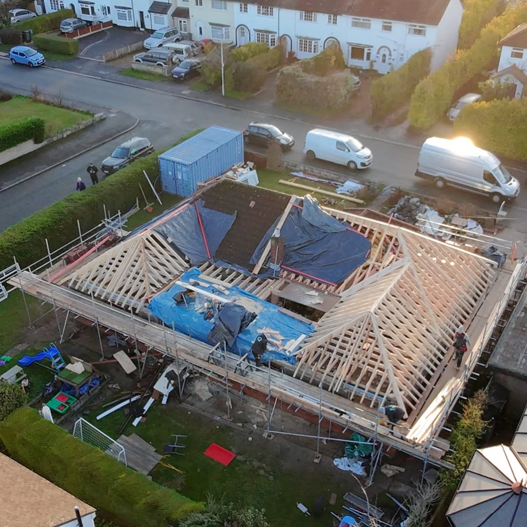 Aerial view of full roof replacement on detached bungalow, Wirral